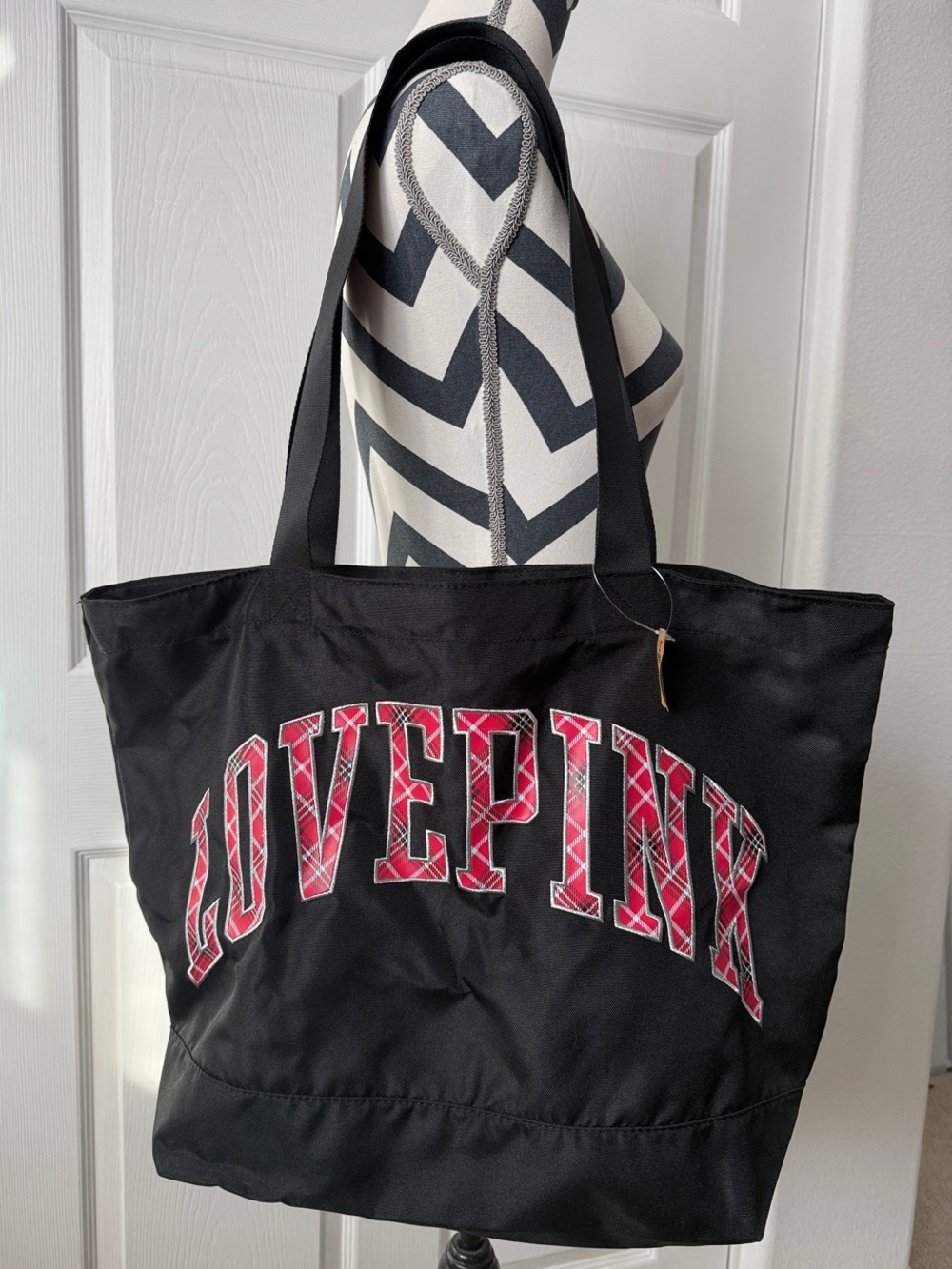 PINK Victoria's Secret Black Tote with Red Plaid LOVE PINK Logo